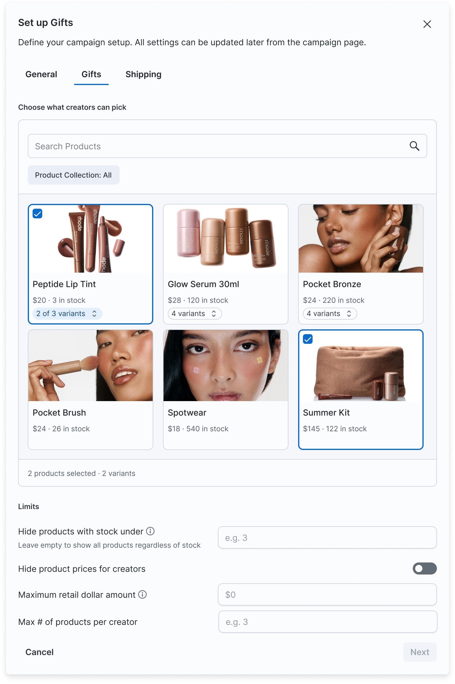 The Set up Gifts campaign creation modal — the Gifts step, showing creator product selection with variants and inventory limits.